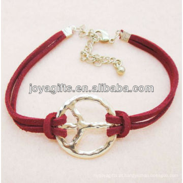 Liga de símbolo de paz com pulseira de cordão de couro vermelho